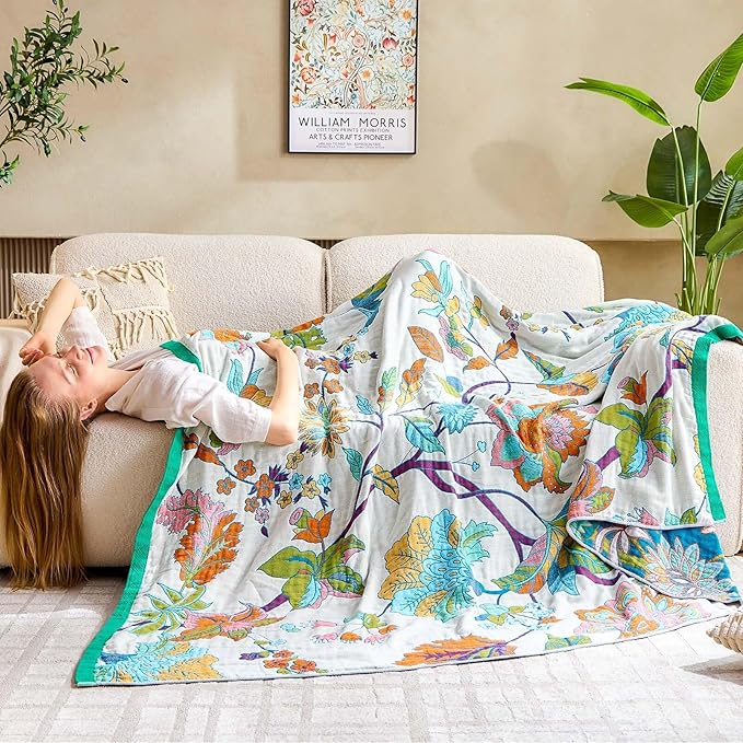 Summer Throw Blanket, 80"x90" Reversible Bohemian Flower Blanket, 100% Cotton Muslin Breathable Woven, Farmhouse Decorative Throw Blanket