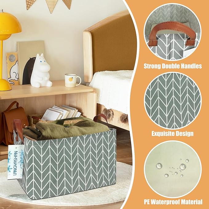 LANGYASHAN Rectangular Storage Bin Collapse Canvas Fabric Cartoon Storage Basket with Handles for Organizing Home Kitchen Boys and Girls Toys Office Closet Shelf Baskets (Rec Grey Point)