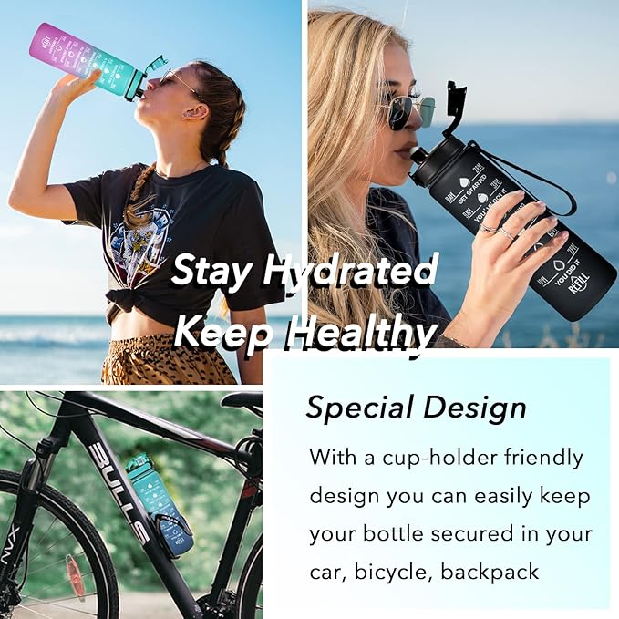 Enerbone Water Bottle, Leakproof BPA & Toxic Free, Motivational Water Bottle with Times to Drink and Straw, Fitness Sports Water Bottle with Strap for Office, Gym, Outdoor Sports