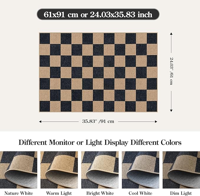Lahome Checkered Easy Jute 2x3 Rug, Small Entryway Rug Non Slip Kitchen Front Door Mat, Farmhouse Neutral Area Rug Non Shedding Low Pile Floor Carpet for Foyer Porch Doorway