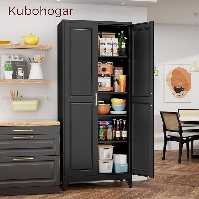 75" Kitchen Pantry Cabinet, Black Metal Storage Cabinets with 2 Doors and 4 Adjustable Shelves, Tall Pantry Storage Cabinet for Kitchen, Dining Room, Living Room