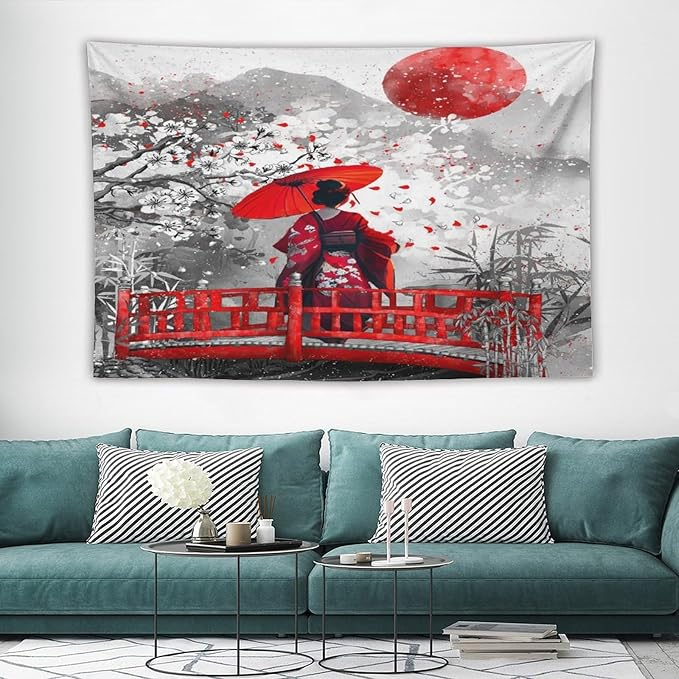Japanese Red Geisha Tapestry Asian Cherry Blossom Red Sun Traditional Kimono Folk Tapestries Home Decor for Living Room Bedroom Apartment Farmhouse Dorm 60"x40"