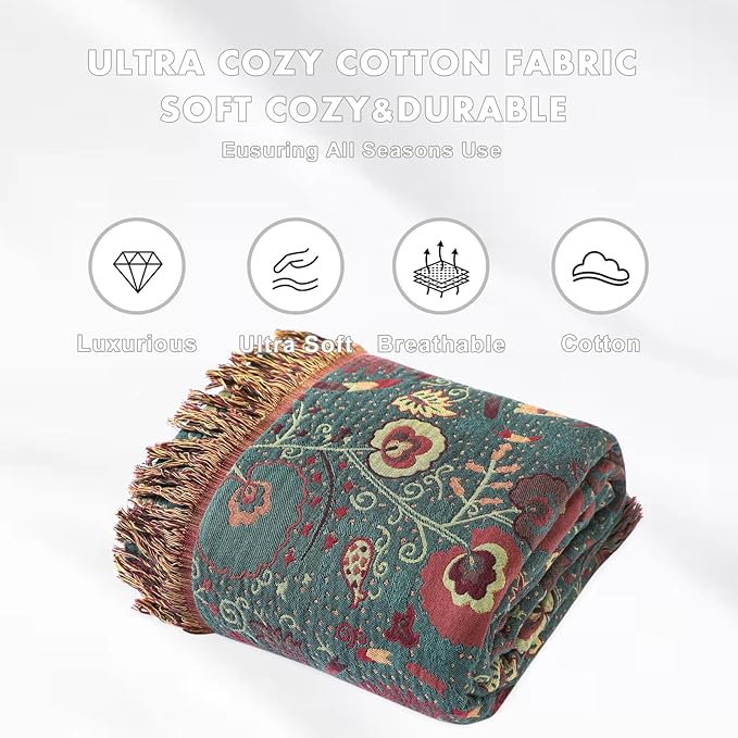 MSGKV Boho Throw Blanket for Couch and Sofa Cotton Blankets for Living Room Bedroom Reversable Florals Throw 60"x80" Breathable Cozy Blankets