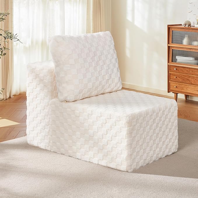 Single Sofa 1 Seat Couch with Deep Seat Memory Foam Cloud Chair with Pillows Large Sofa with L Shape for Living Room Bedroom (Plush White, Single)