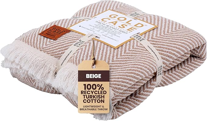 Gold Case Throw Blanket for Couch – 100% Recycled Turkish Cotton Blankets & Throws – Elegant Decorative Throw Blankets for Living Room Sofa – Woven Throws for Couch – Elegant Beige – 50x60