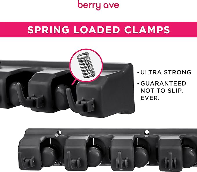 Combo 5 Slot Broom Holder w/ 1 Self Adhesive Mop Gripper No-Drilling, Wall Mount Tool Organizers For Kitchen, Garage, Laundry Room- Anti-Slip Hanger For Brooms, Mops, Rakes, Dustpans (Black / Black)