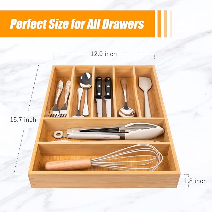 Bellsal Bamboo Silverware Drawer Organizer, Kitchen Utensil Drawer Organizers, 12"x15.7" Utensils Holder Cutlery Tray with Grooved Drawer Dividers for Kitchen Flatware Bedroom Office(7 Slot, Natural)