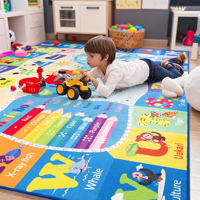 Kids Rugs for Playroom Washable, Educational and Fun Learning Rugs with ABC Alphabet Animals Shapes, Baby Toddler Children's Play Mat for Bedroom Classroom Nursery, 5x7 Feet, Blue
