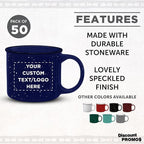 DISCOUNT PROMOS Custom Ceramic Campfire Coffee Mugs 13 oz. Set of 50, Personalized Bulk Pack - Perfect for Tea, Espresso, Cappuccino, Hot Cocoa - Blue