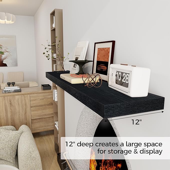 Black Floating Shelves 48 Inch Long, 12 Inch Deep Floating Shelves for Wall, 48 x 12 Large Wall Shelves for Home Storage & Display, 2" Thicked Floating Shelf for Bedroom, Living Room, 1 Pack