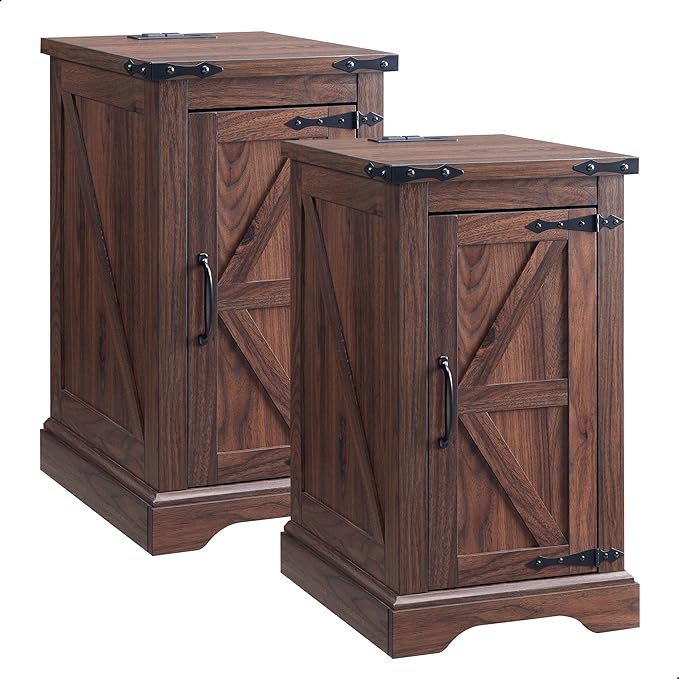 JXQTLINGMU Farmhouse Nightstand Set of 2 with Charging Station, 17" D Rectangular End Table with Barn Door & Adjustable Storage Shelf, Wood Rustic Sofa Side Table for Living Room, Bedroom, Brown