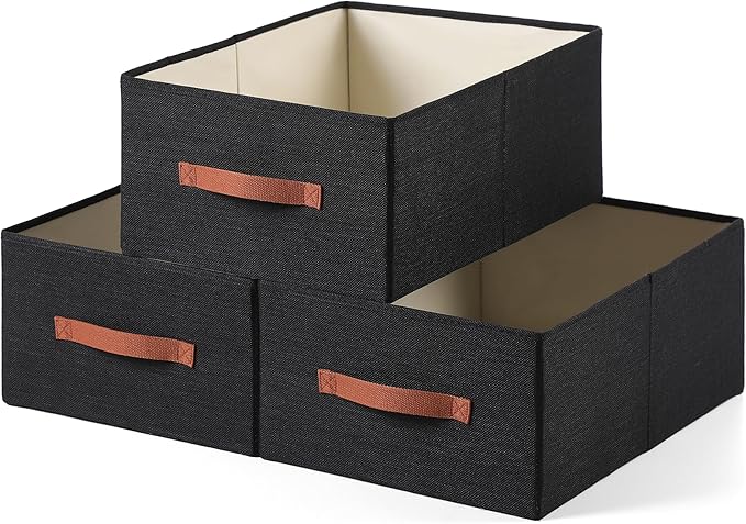 linen closet organizers and storage, 3 Pack Large Storage Baskets, Washable, Clothing Storage Bins with Handle, Closet Organizer for Storage Sweater,Sheets (Black, 18½"x13½"x8½")