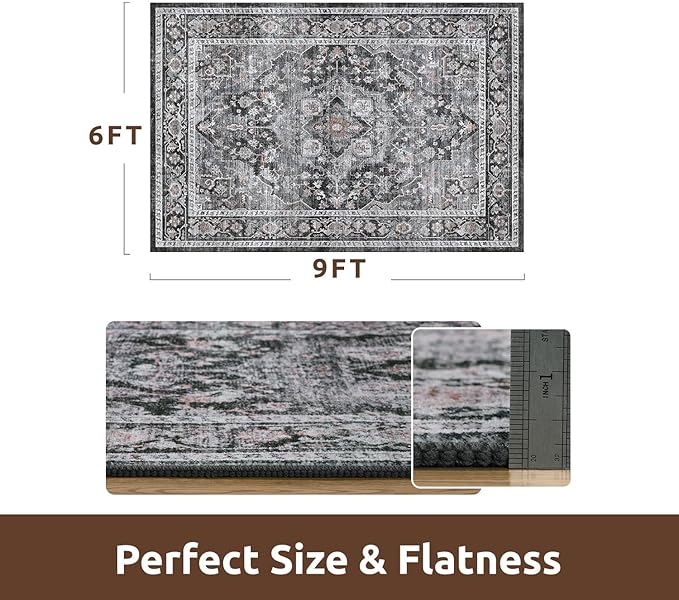 AMOAMI-Area Rug 6X9 Rugs for Living Room-Vintage Sof Dark Grey & Black Rugs for Bedroom-Non Slip Carpet-Machine Washable Rug for Dining Room Living Room Bedroom Office Under Table