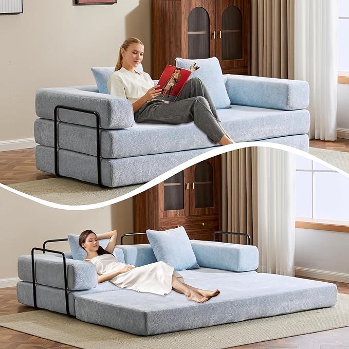 Convertible Sleeper Sofa Bed, Compression Folding Sofa with Pillow, No Assembly Required, Shape Frame, Floor Sofas Lounge Couch for Living Room, Bedroom, Small Spaces(Chenille, 77''W, Light Blue)