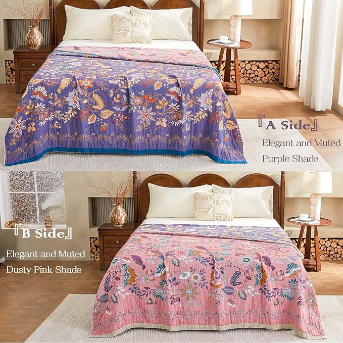Boho Blanket, 100% Cotton Farmhouse Decorative Throw Blanket, 90"x98" Reversible Bohemian Throw Blanket, Purple All Season Muslin Breathable Woven Blankets Quilt