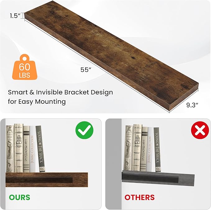 Floating Shelves for Wall, 55"W x 9.3"D x 1.5"H, Long Wooden Wall Mounted Display Shelf with Invisible Brackets for Living Room, Bedroom, Bathroom, Kitchen Decor & Storage,Set of 1,Rustic Brown