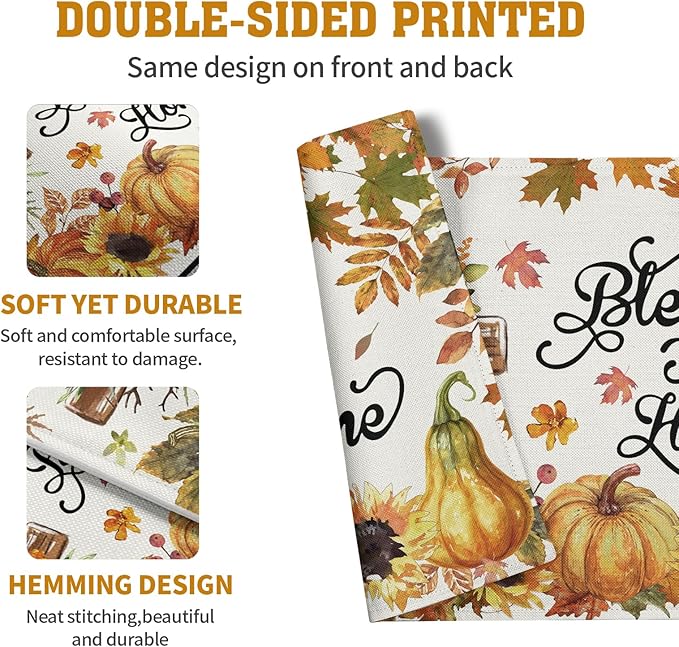 Fall Cross Pumpkin Placemats Set of 4 Autumn Thanksgiving Harvest Sunflower Maple Leaf Orange Linen Table Mats Seasonal Farmhouse Decorative Place Mat for Party Kitchen Dining Decor