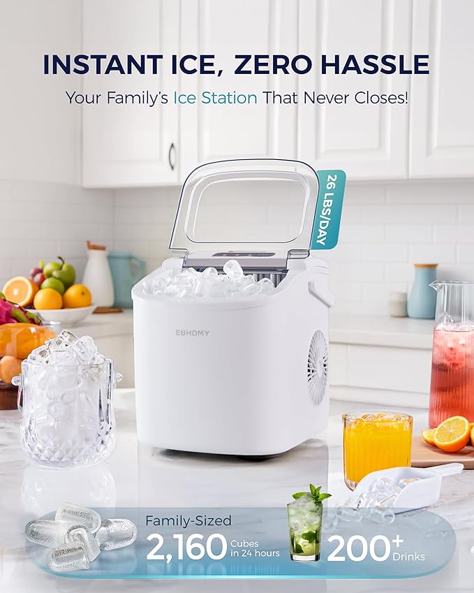 EUHOMY Countertop Ice Maker Machine with Handle, 26lbs Per Day, 9 Ice Cubes Ready in 6 Mins, Auto-Cleaning Portable Ice Maker with Basket and Scoop, for Home/Kitchen/Camping/RV (White)