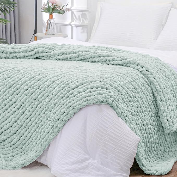 Bigacogo Chunky Knit Throw Blanket for Couch, 40x80 inches, 100% Hand Knitted with Thick Jumbo Chenille Yarn, Cozy Soft Large Rope Knot Cable Crochet Blankets for Sofa Bed Living Room, Mint