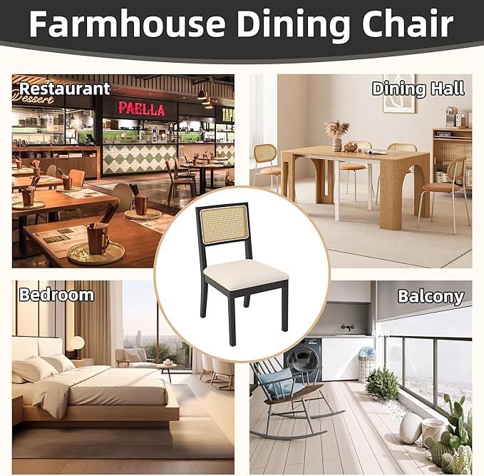 Westice Rattan Dining Chairs Set of 4, Farmhouse Natural Dining Room Chairs with Upholstered Cushion, Wood Armless Chairs for Kitchen/Restaurant, Black