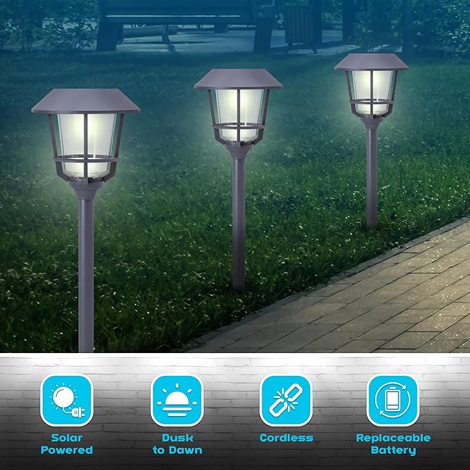 Solar LED Path Lights 4 Pack – 12 Lumens, Warm White, Weathered Zinc, Stainless Steel, Solar Powered, Weather-Resistant Outdoor Lighting for Walkway, Garden, Patio, Sidewalk