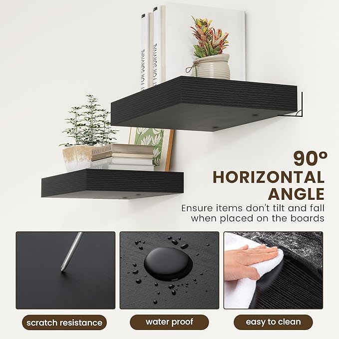 Black Deep Floating Shelves for Wall | 16 Inch Wide x 12 Inch Deep Floating Shelves Set of 2 | Rustic Wood Wide Wall Shelves | Bookshelf Laundry Shelf TV Shelf