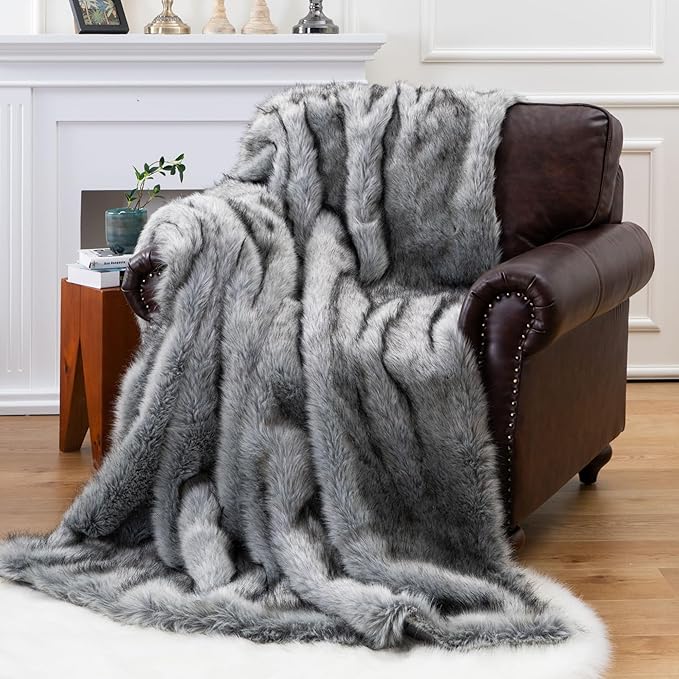BATTILO HOME Wolf Faux Fur Blanket, Extra Large Fox Fur Throw Blankets for Couch, Bed, Super Soft, Fluffy, Eelegant, Grey with Black Tips Blanket Reversible to Plush Velvet, (Grey, 60"x80")