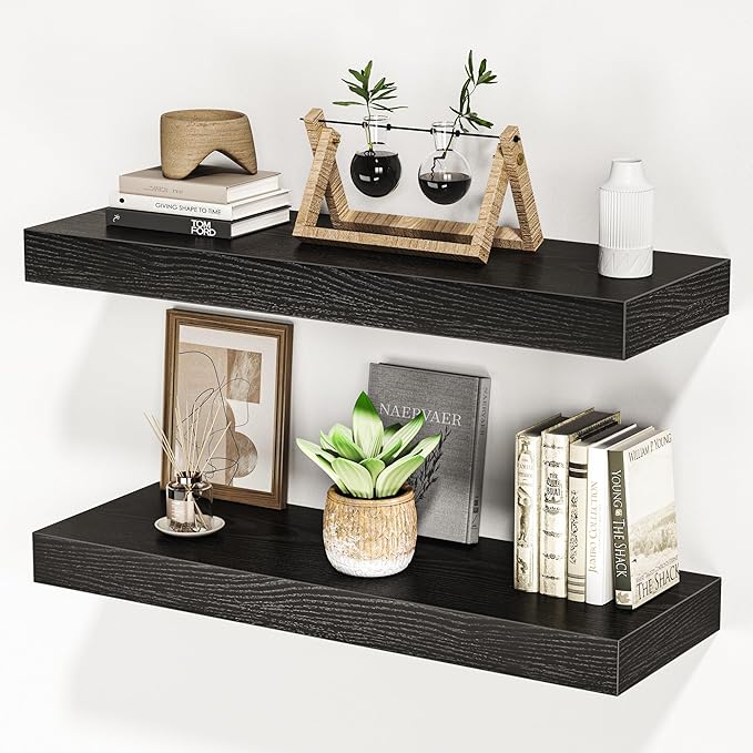 Floating Shelves for Wall, 24" W x 6.7" D x 1.5" H, Wooden Wall Mounted Display Shelves with Invisible Brackets for Living Room, Bedroom, Bathroom, Kitchen Decor and Storage, Set of 2, Black