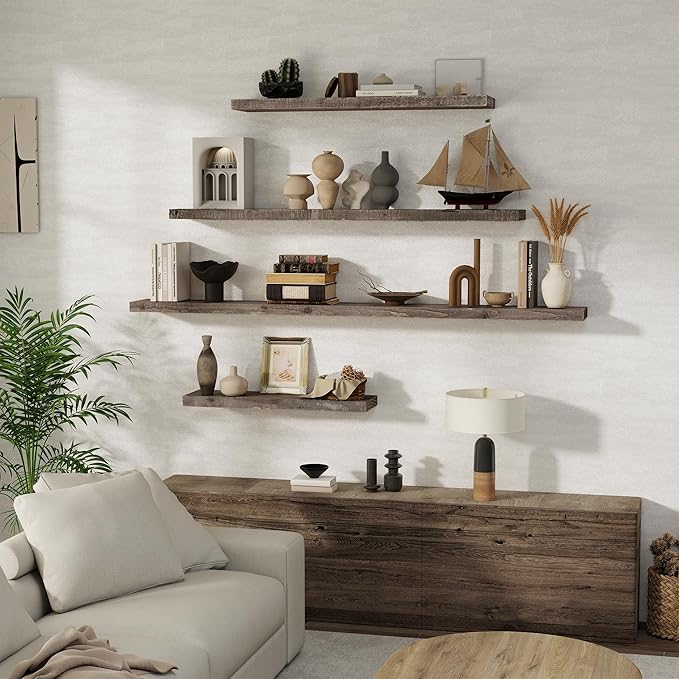 72 inch Floating Shelves for Wall, 8" Deep Rustic Reclaimed Barnwood Shelves, Floating Shelf Wall Hanging Shelves with Invisible Heavy-Duty Metal Bracket | Wall Mounted | Farmhouse Style, 1PC,Grey