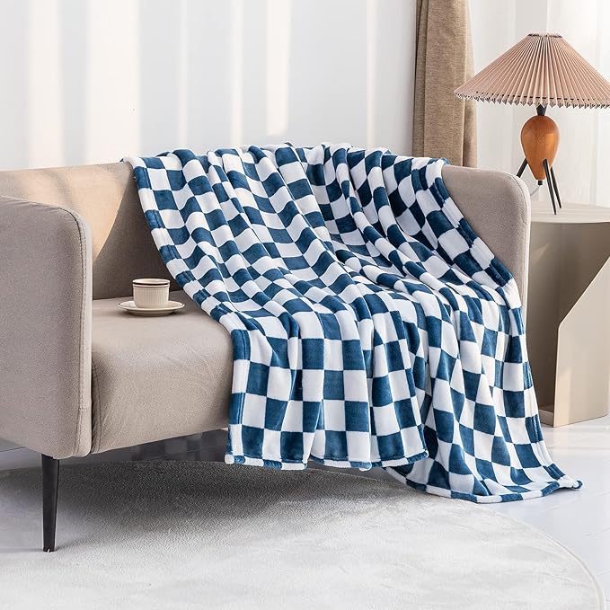 LOMAO Throw Blankets Flannel Blanket with Checkerboard Grid Pattern Soft Throw Blanket for Couch, Bed, Sofa Luxurious Warm and Cozy for All Seasons (Navy, 60"x80")