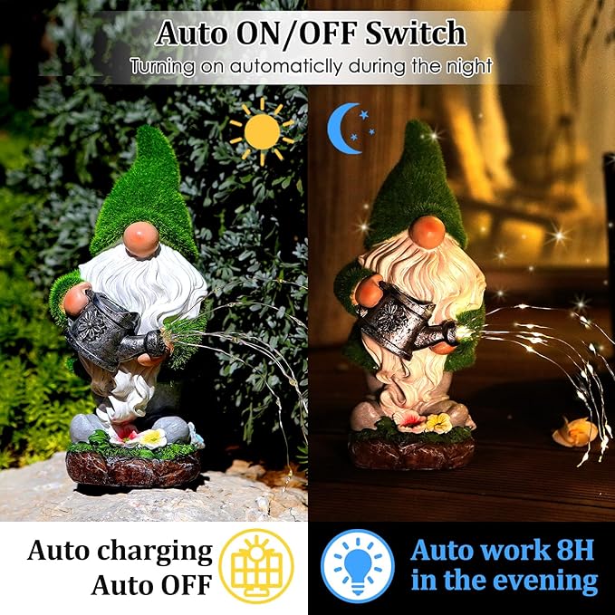 Flocked Solar Garden Gnomes Outdoor Statues-11.8‘’Outdoor Garden Decor-LED Outdoor Decor Light-Unique Housewarming Gifts Yard Art Sculptures for Patio Lawn Ornaments