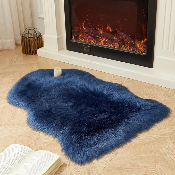 AMTOVO Faux Fur Rug, Dark Blue Small Area Rug, Fluffy Sheepskin Rug, Fuzzy Ultra Soft 2 x 3 ft Shag Rugs for Bedroom Sofa Throw Cushion Room Decor, Sheepskin