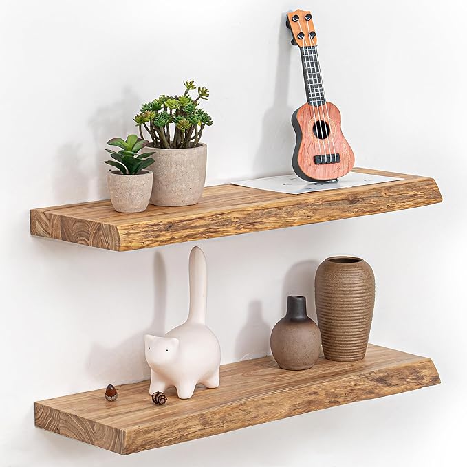 Floating Shelves for Wall, 24" Live Edge Solid Elm Wood Floating Shelf, Wall-Mounted Display Shelves with Invisible Heavy-Duty Metal Bracket, Floating Shelf for Kitchen (Natural, Set of 2)