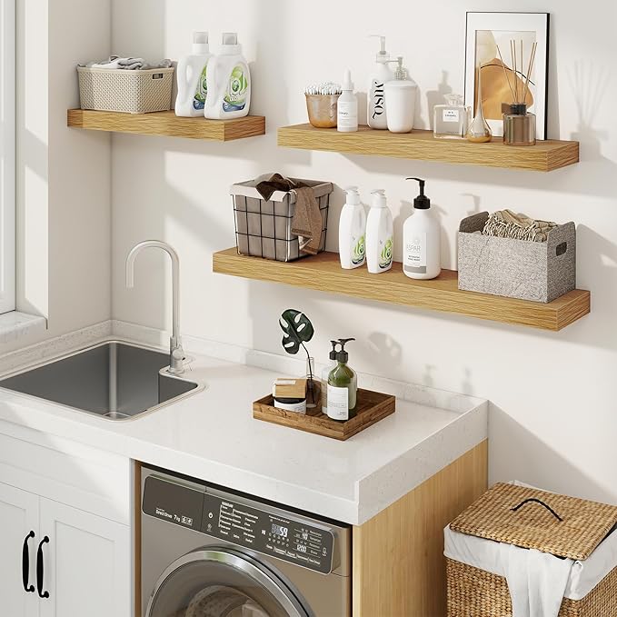 fuqing Floating Shelves for Wall, Bathroom Shelf Wall Mounted for Storage, Shelves with Invisible Bracket for Bedroom, Kitchen, Living Room, Farmhouse Small Book Shelf, 16 Inch Set of 2, Oak