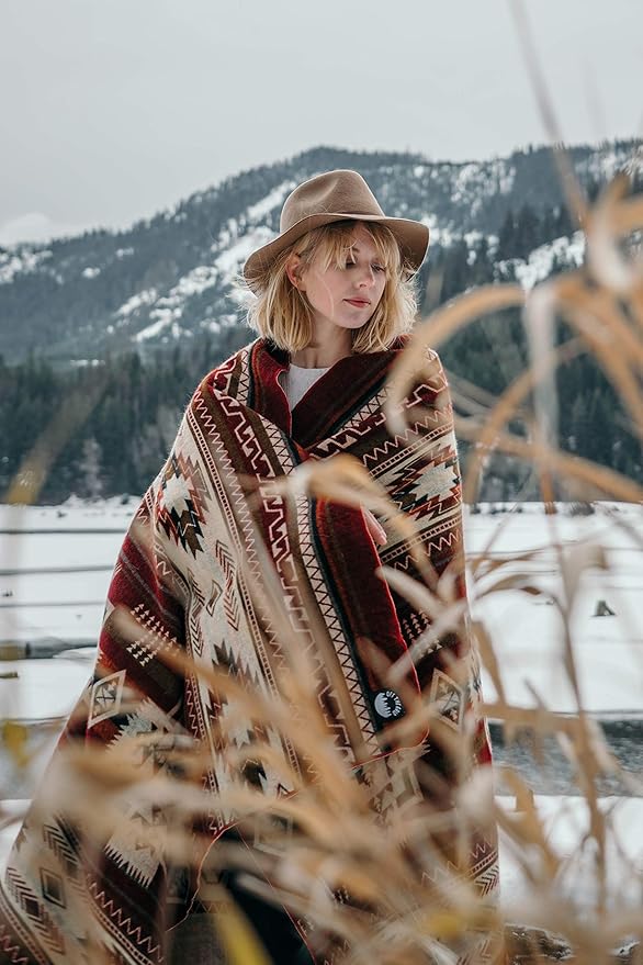 Inca Aztec Throw, Queen, King Blanket | Southwest Indian Navajo Boho Style | Native Cover for Camping, Bedding, Couch, Vanlife | Faux Alpaca, Lightweight, Hypoallergenic (Vinincunca Maroon, Throw)