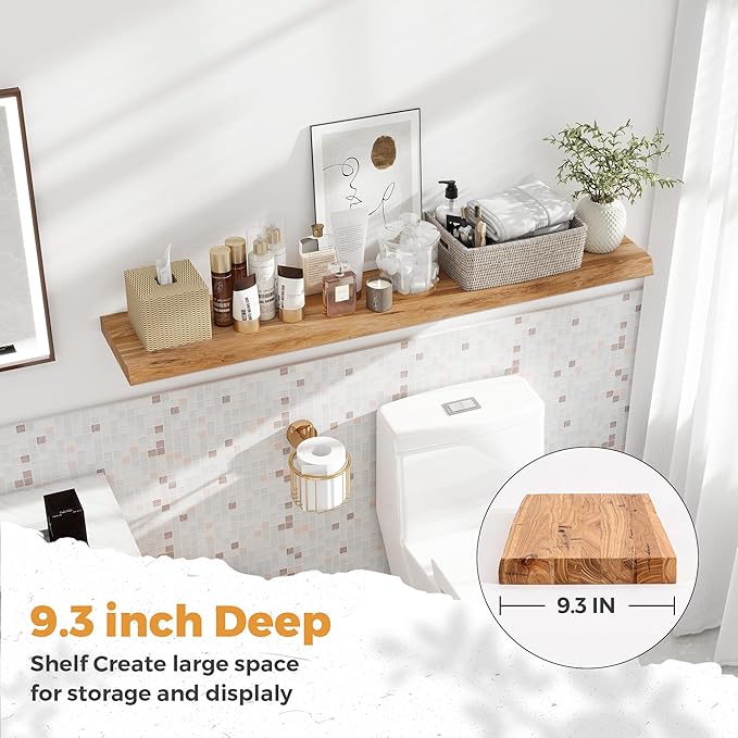 RICHFOCUS Live Edge Elm Floating Shelves - 48" W x 9.3" D Rustic Solid Wood Wall Shelves with Invisible Bracket, Wall-Mounted for Living Room, Bedroom, Kitchen Storage & Display, Set of 1, Natural