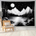 keowhsf Starry Night Mountain Lake Tapestry Black and White Tapestries Aesthetic Moon and Stars Wall Hanging Dark Nature Forest Tapestry for Bedroom Living Room Dorm Decor
