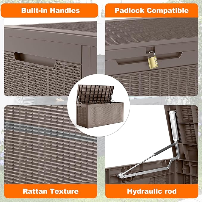 100 Gallon Resin Deck Box, Lockable Patio Outdoor Storage Box for Furniture, Garden Tools and Tools Storage, Waterproof Outside Storage Boxes - Grey