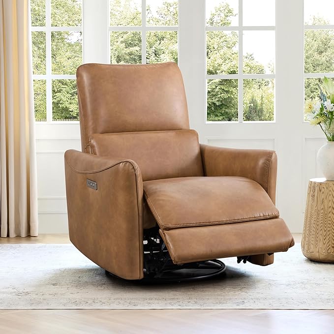 CHITA Power Recliner Chair Swivel Glider, FSC Certified Upholstered Faux Leather Living Room Nursery Reclining Sofa Chair with Lumbar Support, Cognac Brown