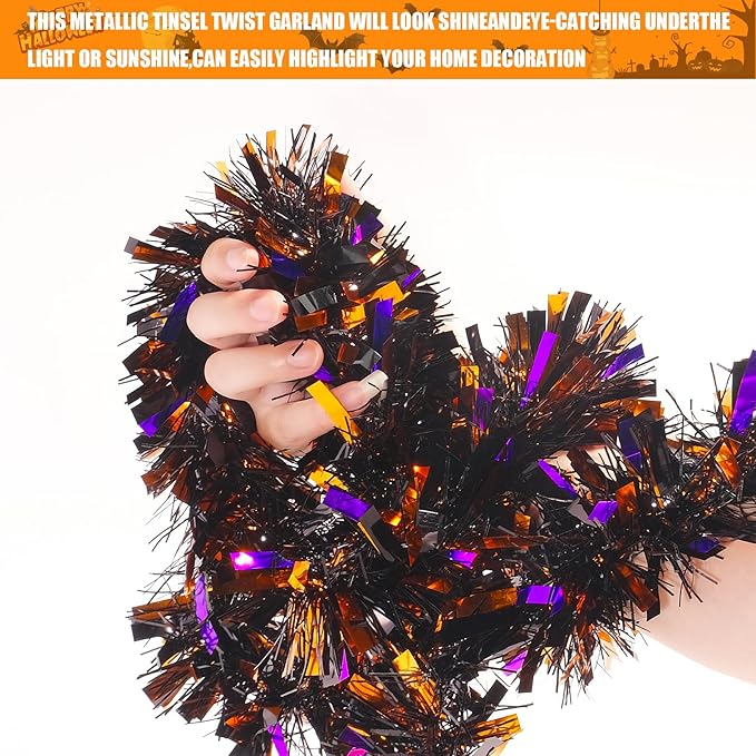 SAOROPEB 4 Pieces 26.4 Ft Halloween Tinsel Garland Metallic Shiny Twist Garland Hanging Decorations for Halloween Party Indoor and Outdoor Decor - Black Orange and Purple