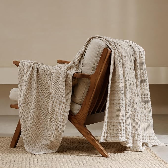 PHF 100% Cotton Waffle Weave Throw Blanket, Soft Lightweight Breathable Cozy Summer Throws for Couch Bed Sofa, Luxury Aesthetic Woven Blanket for Home Decor & Office, 50"x60", Oatmeal