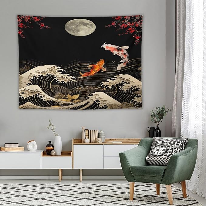 Houselerax Koi Fish Tapestry, Japanese Style Yin Yang Big Wave Cherry Blossom Tapestries Wall Hanging for Bedroom Living Room Office Decor 80"x60"