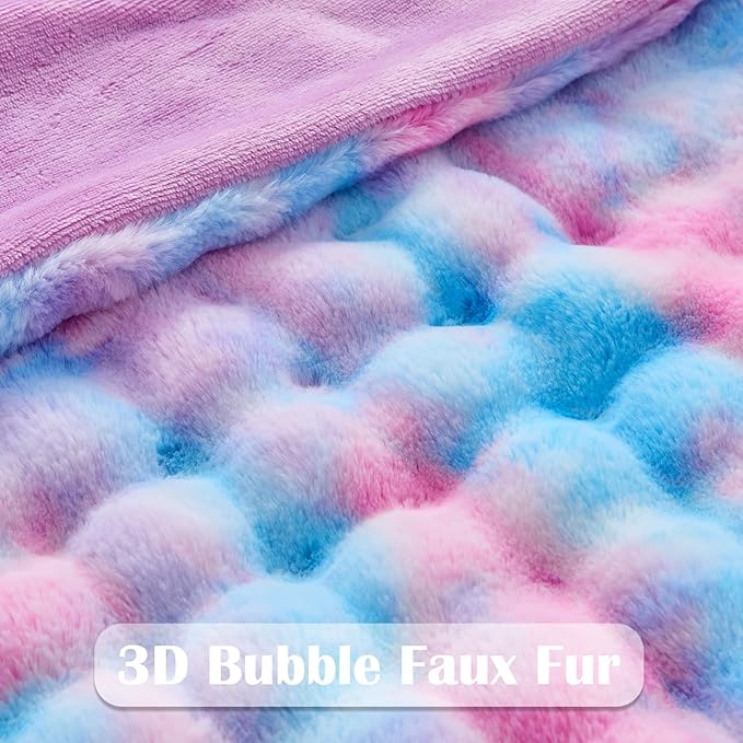 NEWCOSPLAY Faux Fur Throw Blanket Purple Rainbow Luxury Fluffy Thick Warm Bubble Blanket for Couch Sofa Bed 700GSM (Purple Rainbow, Throw(50"x60"))