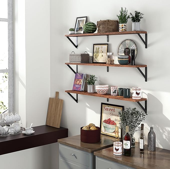 Heimlove Floating Shelves for Wall, 36 Inch Long Wood Floating Bookshelf Set of 3, Wall Mounted Hanging Shelf for Bathroom Bedroom Kitchen, Rustic Brown