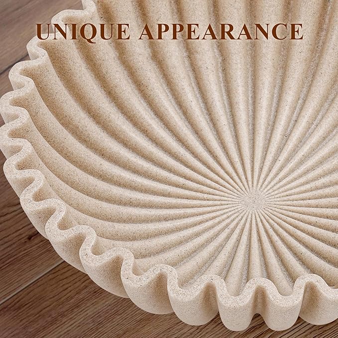 Large Decorative Bowl, Modern Handicraft Bowls for Home Decor, Decorative Fruit Bowl for Kitchen Counter, Ruffle Decor, Stylish Key Bowl for Entry Table, Artificial Stone Beige