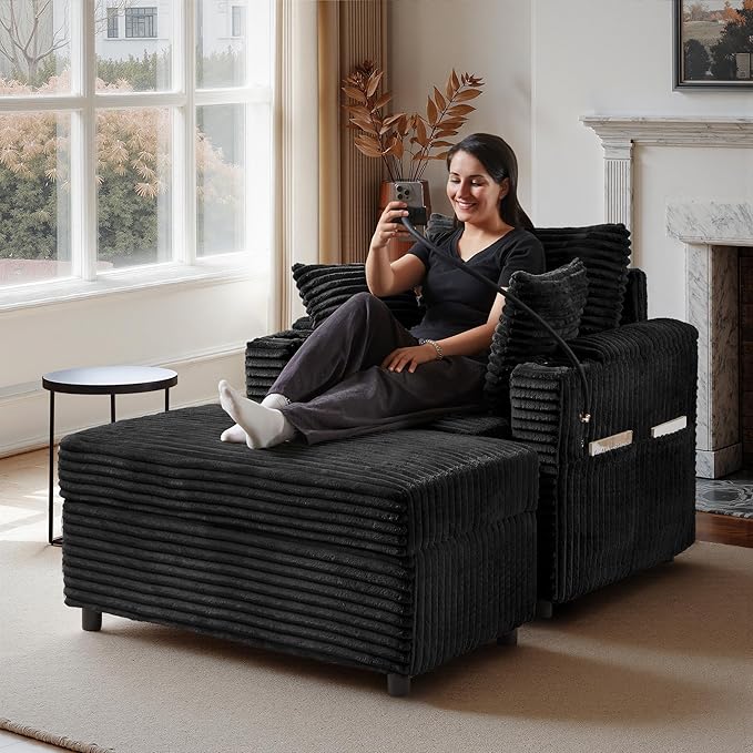 Accent Chair with Storage Ottoman Upholstered Living Room Chairs for Reading Chair with Chaise Lounge Chairs Indoor, Comfortable Armchair for Bedroom