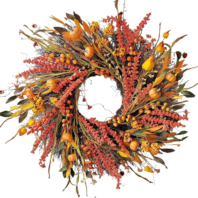 WANNA-CUL 24 inch Fall Wreath Decor for Front Door with Pumpkins, Hawthorn,Grain,Lantern Fruit,Berries,Eucalyptus Leaves, Large Harvest Door Wreath for Autumn or Thanksgiving Decoration