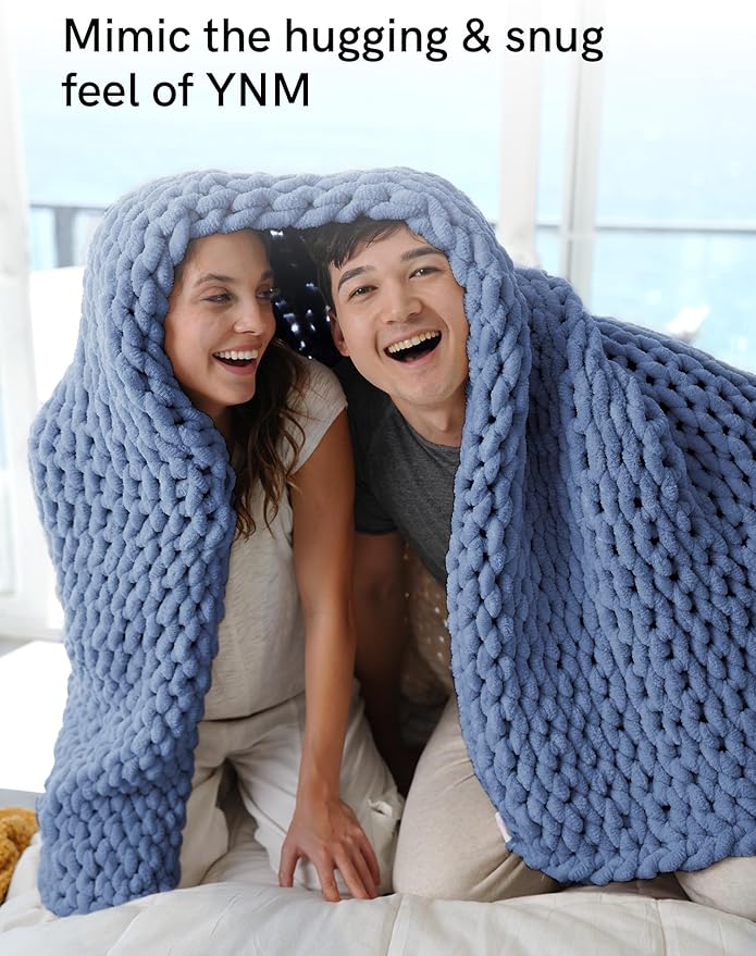 YnM Chunky Throw Blanket, Medium-Weight, Hand Knitted with Chenille Yarn, Skin Friendly, Ventilated and Breathable, Machine Washable, Home Décor Piece for Couch Sofa and Bed (Chambray Blue 50x60 Inch)