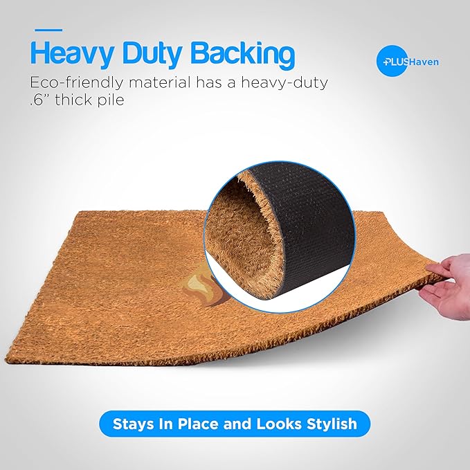 PLUS Haven Coco Coir Door Mat with Heavy Duty Backing, Natural Welcome Bull Dog Doormat, 17.5”x 30” for Entrance, Front Porch, Easy to Clean Entry Mat, Outdoor and Indoor Uses