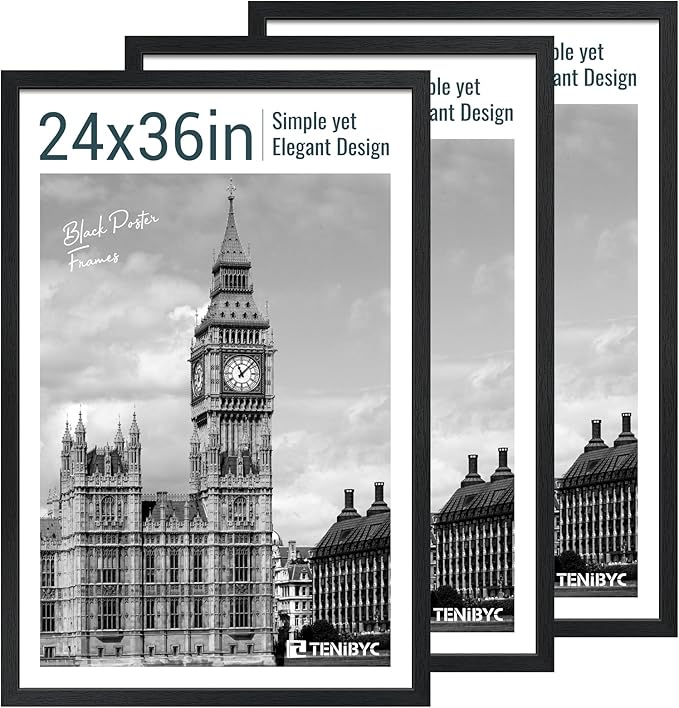 24x36 Poster Frame 3 Pack - Black Woodgrain, Solid Wood Picture Frame, Wall Gallery Frame - Wall Hanging